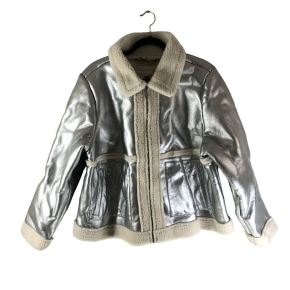 A New Day Metallic Faux Leather Silver Faux Fur Sherpa Lined Jacket Size XS - Picture 3 of 7